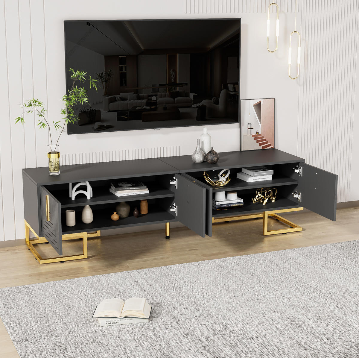 TV ormarić 170/40/45,5 cm sivo-crni od iverala s 4 vrata i zlatnim nogama - siva, drvni materijal (170/45.5/40cm) - OKWISH