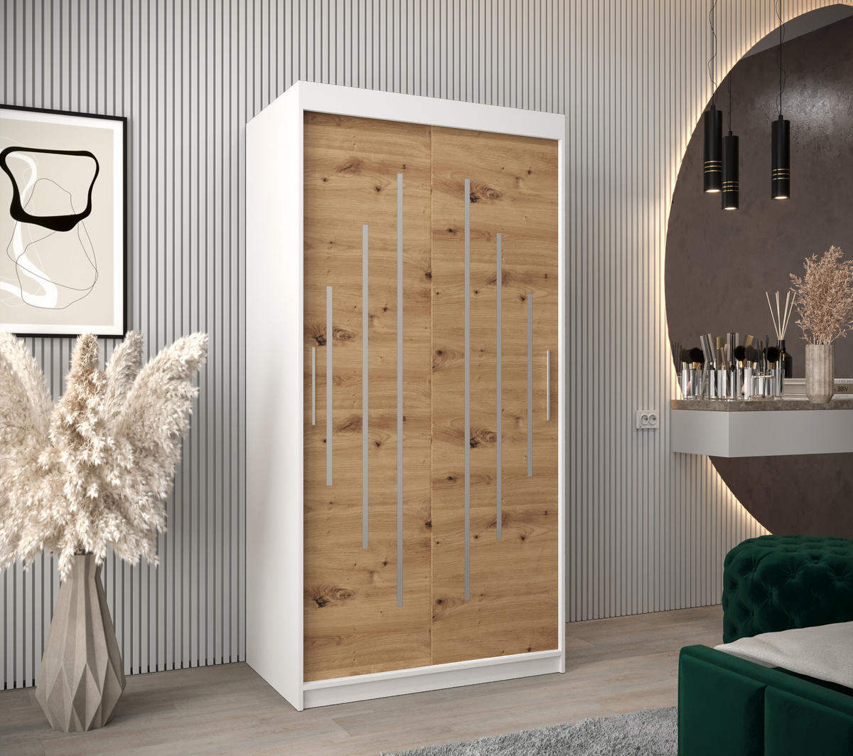 SCHWEBETÜRENSCHRANK 200/100/62 2-türig - Silberfarben/Eiche Artisan, Holz/Kunststoff (100/200/62cm) - Abiks Möbel