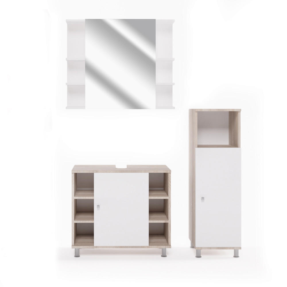 BADMÖBEL-SET Fynn Sonoma 3 Teile, mit Midischrank - Weiß/Sonoma Eiche, Holzwerkstoff (60/54/32cm) - Vicco