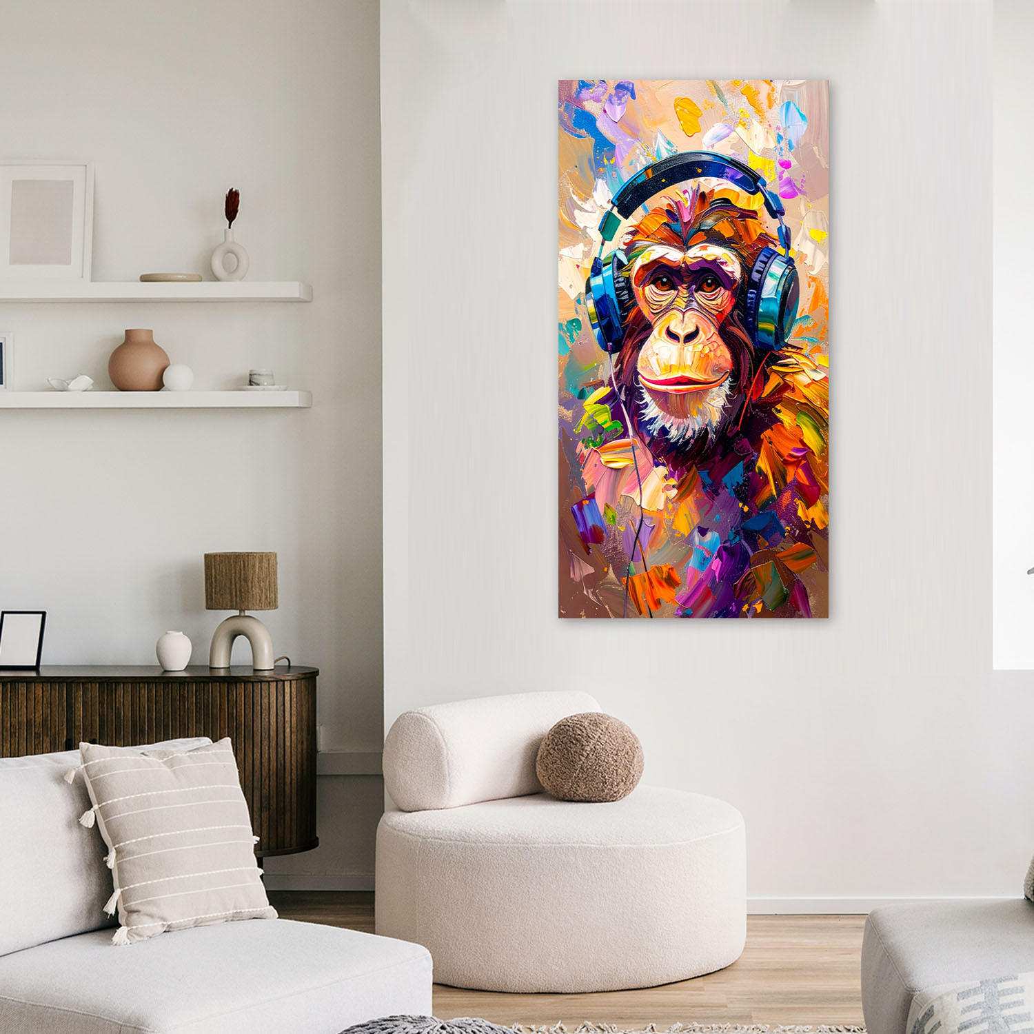 LEINWANDBILD Bunter DJ-Affe mit Kopfhörern 60x120cm - Multicolor, Textil (60/120cm) - Feeby