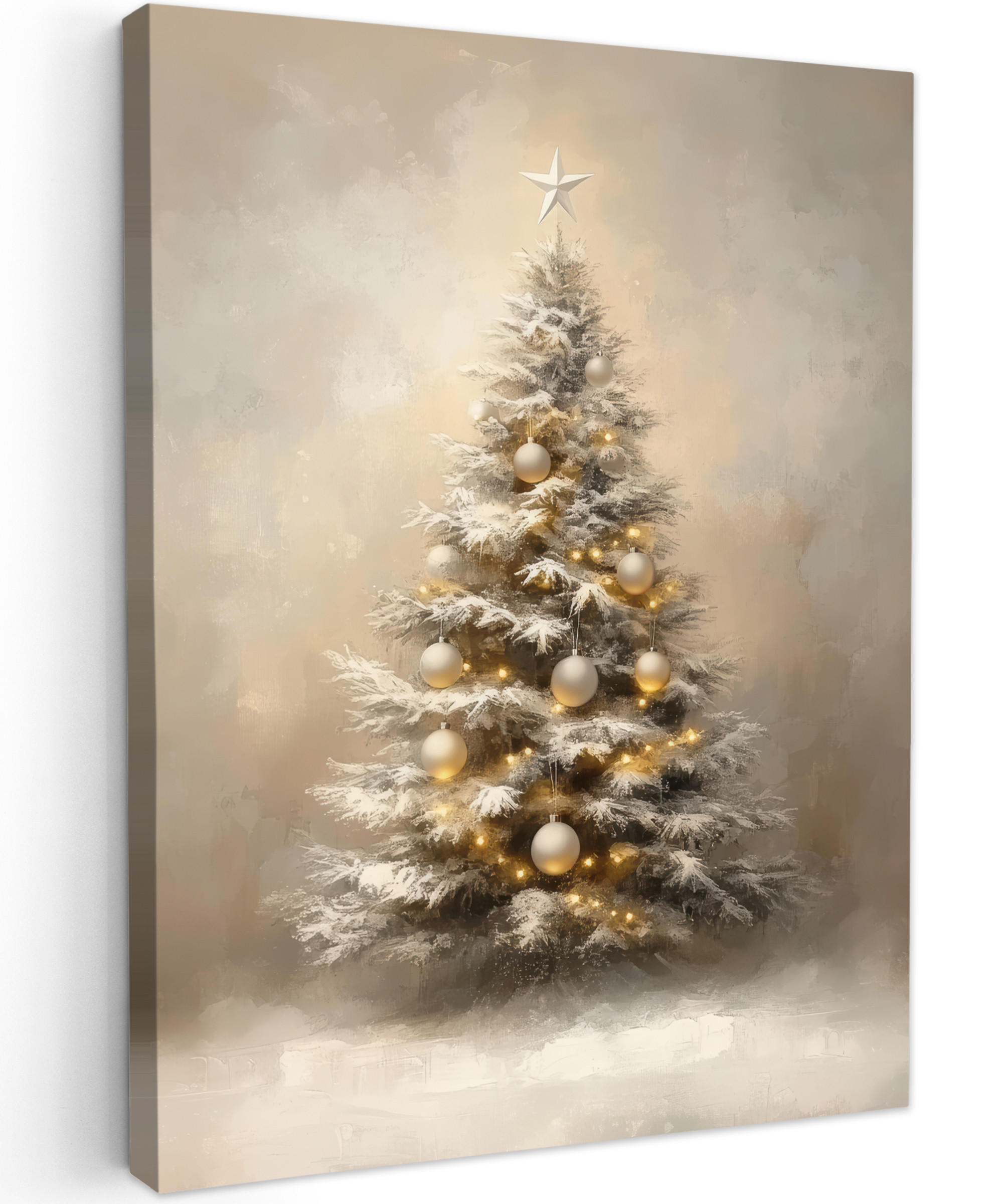 LEINWANDBILD Weihnachten - Weihnachtsbaum - Schnee - Kunst 60x80 cm - Champagner, Textil (60/80cm) - MuchoWow