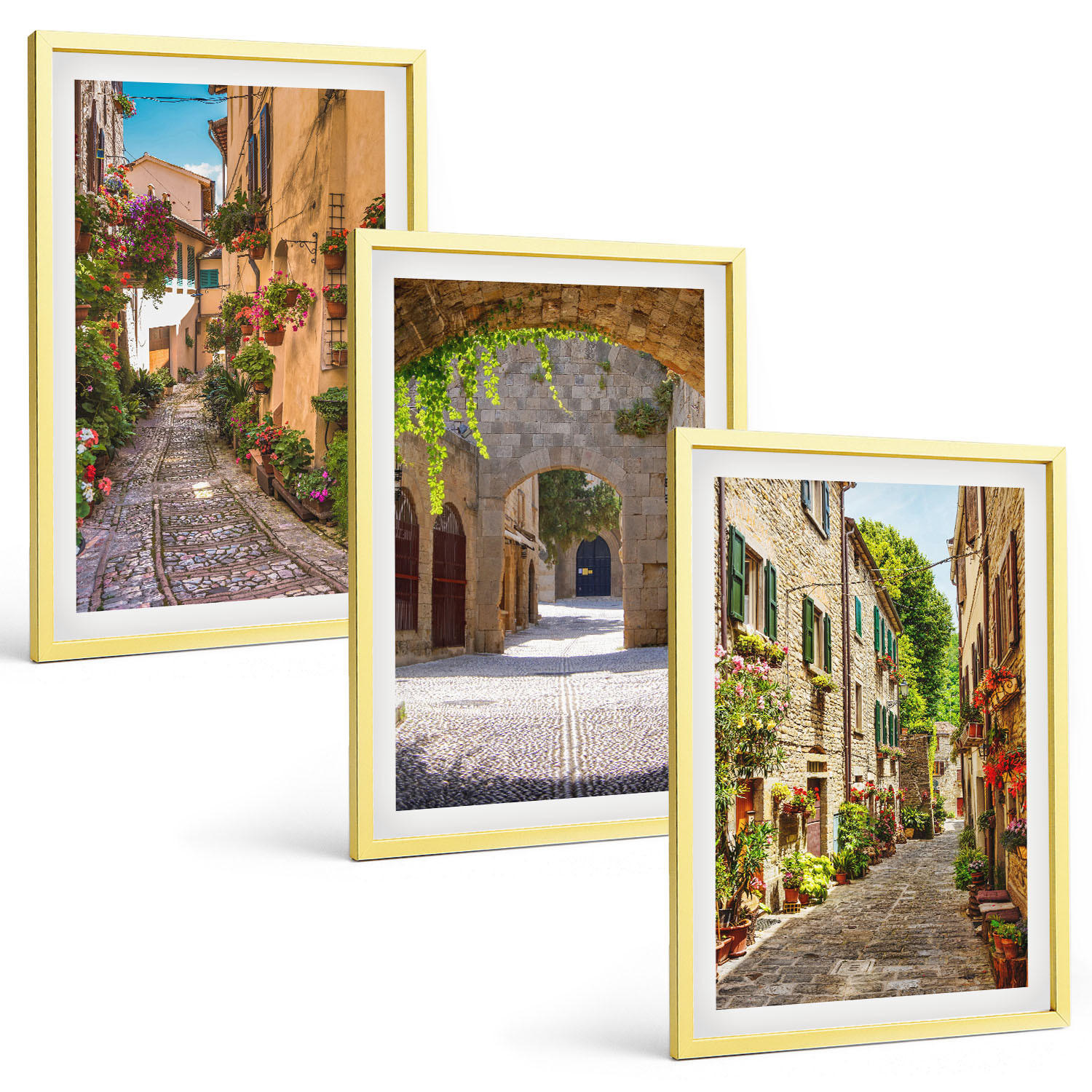 BILDER SET 3er Set - 40x60 cm Goldrahmen - Italienische Straßen, Blumen, Architektur - Goldfarben, Kunststoff (40/60cm) - TULUP