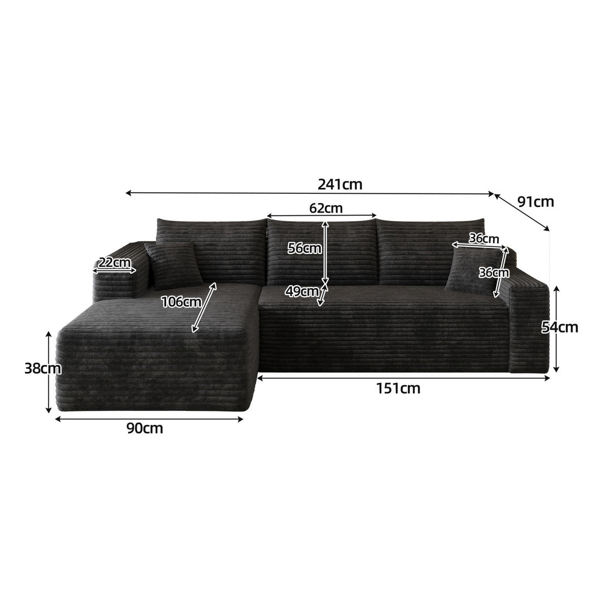 ECKSOFA 241 cm aus Stoff mit Cordbezug und ohne Montage Schwarz - Schwarz, Textil (151/241cm) - Modenvie