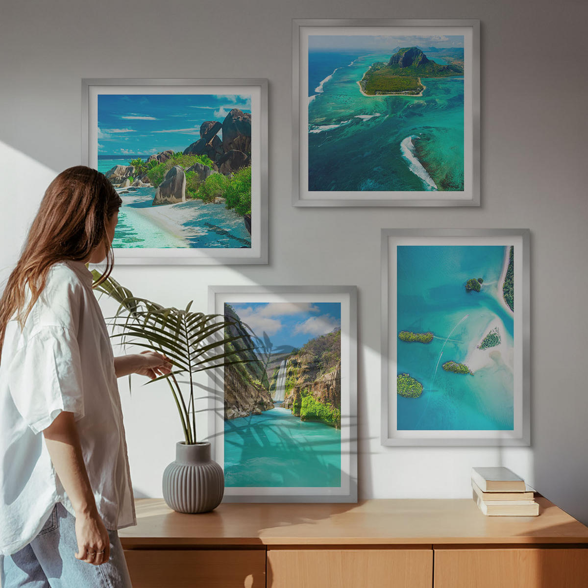 WANDBILDER 4er Set - 50x50 cm & 40x60 cm Silberner Rahmen - Tropische türkisfarbene Inseln - Silberfarben, Kunststoff (50/50cm) - ArtPrintCave