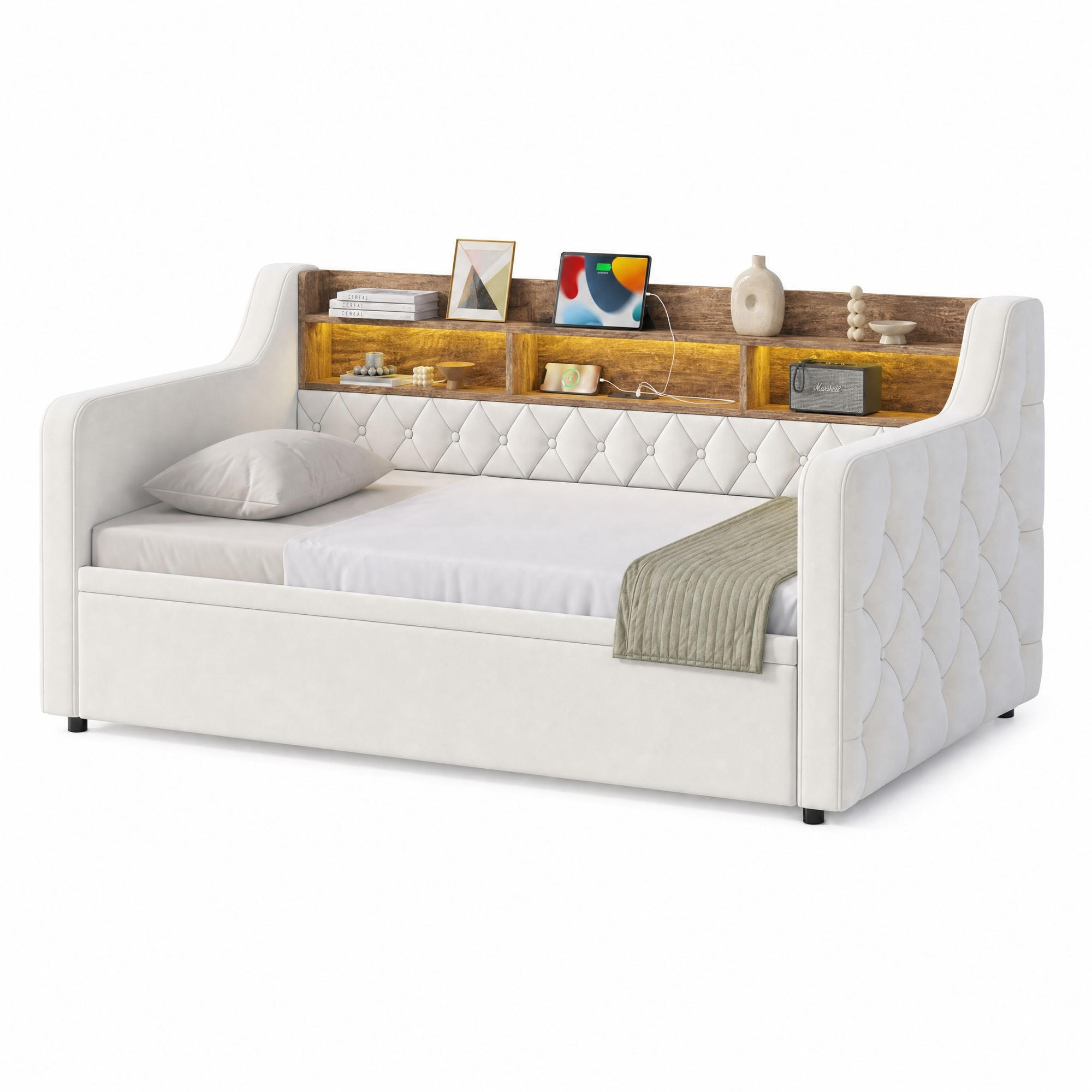 ROZKLÁDACÍ POHOVKA 90/190 cm v béžové barvě ze sametu s LED a USB-C - béžová, kov/kompozitní dřevo (90/190cm) - CHICFURN