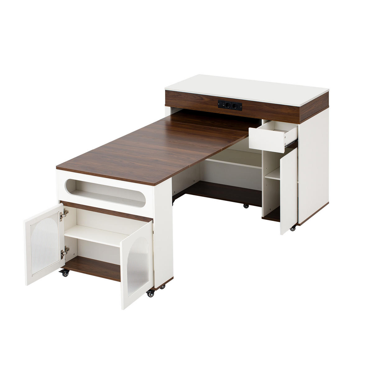 KÜCHENINSEL 50,5~187,5/110,5/95,5 cm weiß walnussfarben aus MDF mit Auszug und Steckdosen - Walnussfarben, Holzwerkstoff (110.5/95.5/50.5cm) - OKWISH