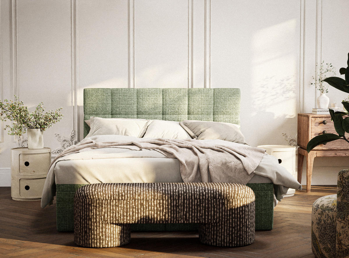 BOXBETT 140/200 cm Gotu M, in Grün, Matratze, gepolstertes Kopfteil, Bettkasten, H3 = fest - Schwarz/Grün, Holz/Holzwerkstoff (140/200cm) - Maison de Reve