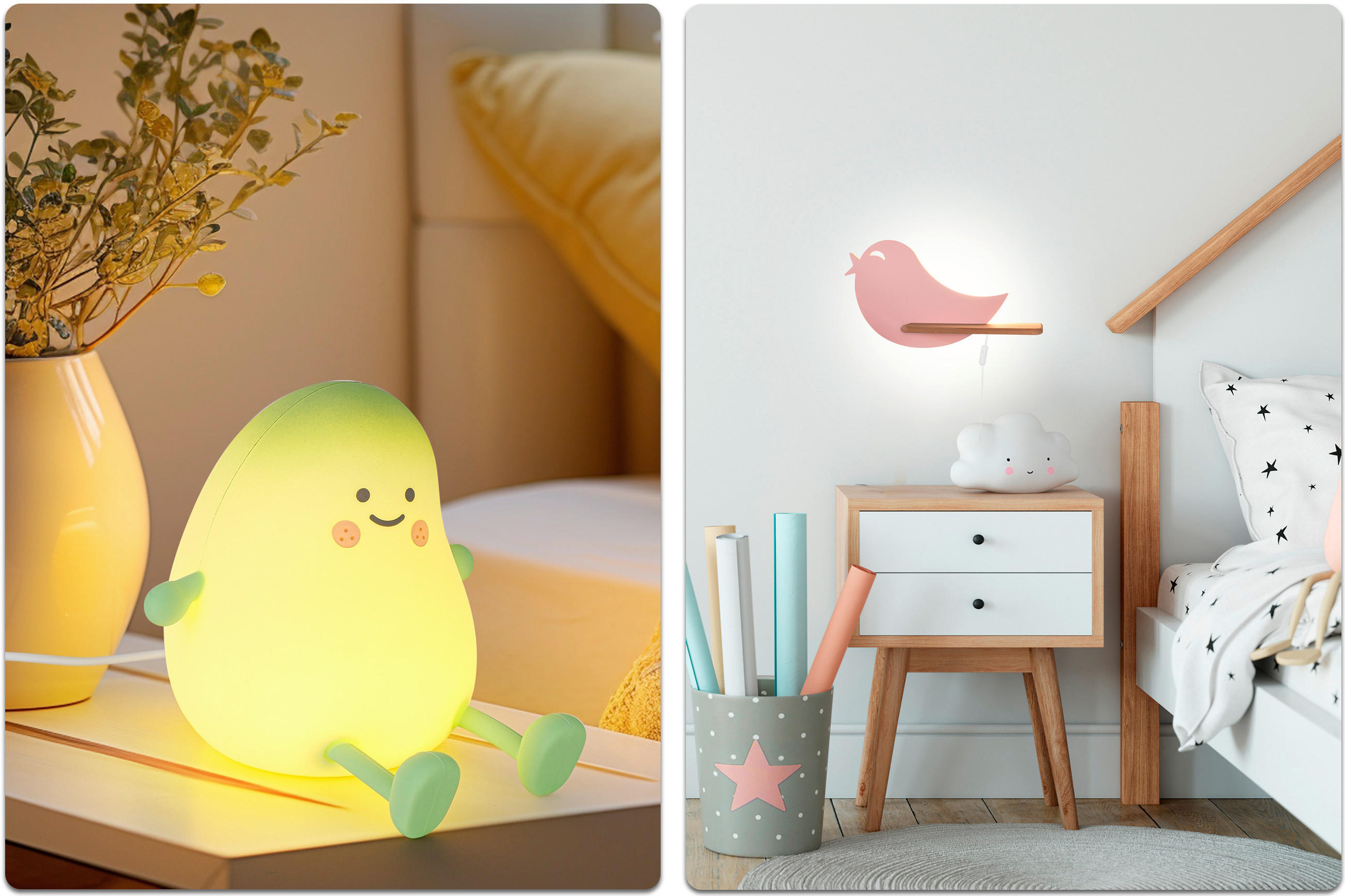 Kinderzimmer mit einem leuchtenden, grünen, avocadoförmigen Nachtlicht mit Gesicht und Beinen auf einem Nachttisch sowie einem weißen Nachttisch mit zwei Schubladen, darüber eine rosa Vogelwandlampe, daneben ein Bett
