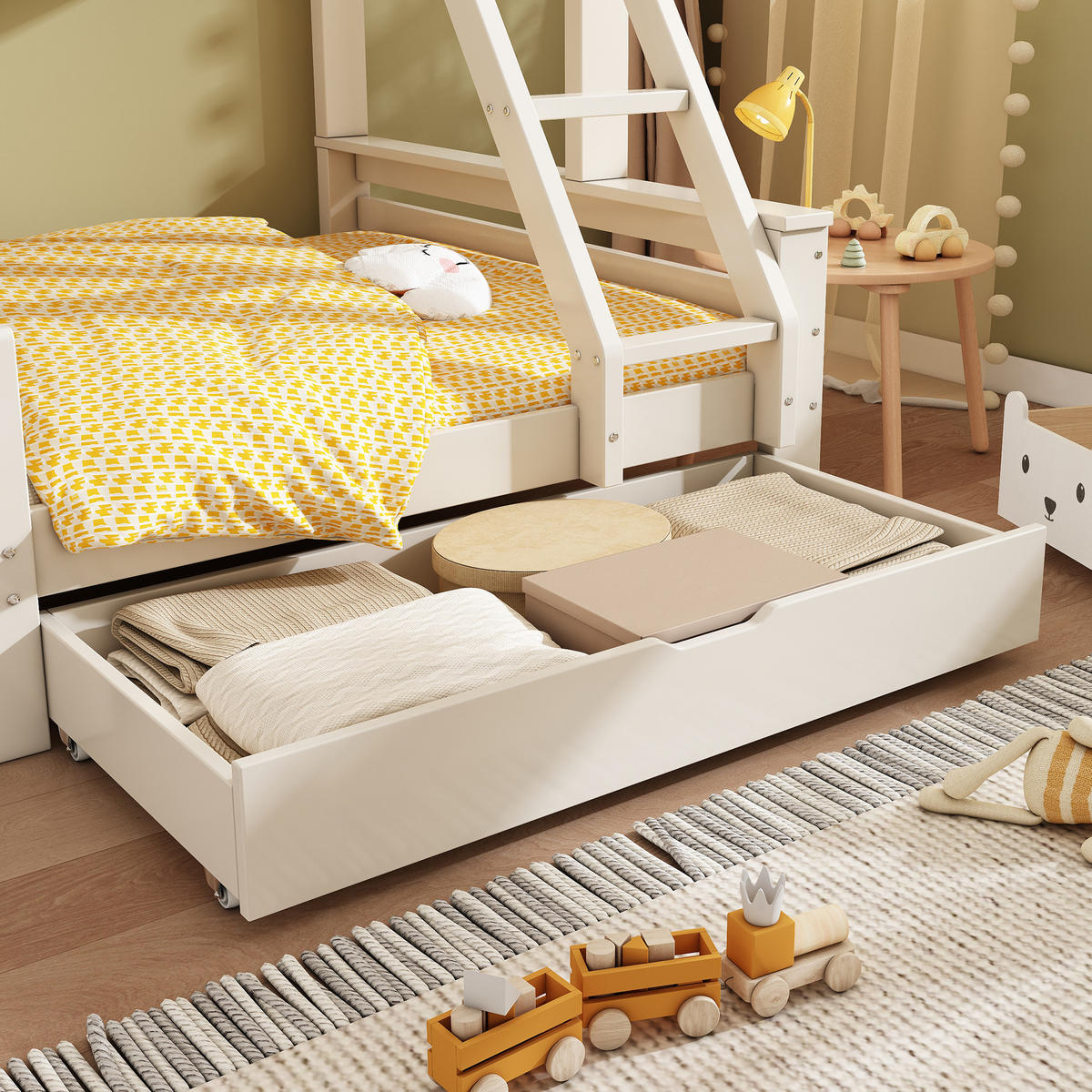 ETAGENBETT 90/200 cm Weiß aus Metall und Holz mit Rutsche Schublade und Leiter - Weiß, Metall (90/200cm) - OKWISH