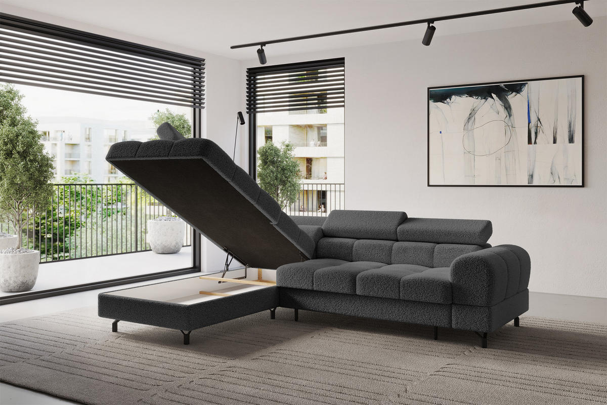 ECKSOFA mit Schlaffunktion Ottomane Links LUMA-L 272x203x70 Grau Bouclé - Chromfarben/Schwarz, Holzwerkstoff/Kunststoff (272/203cm) - ALTDECOR