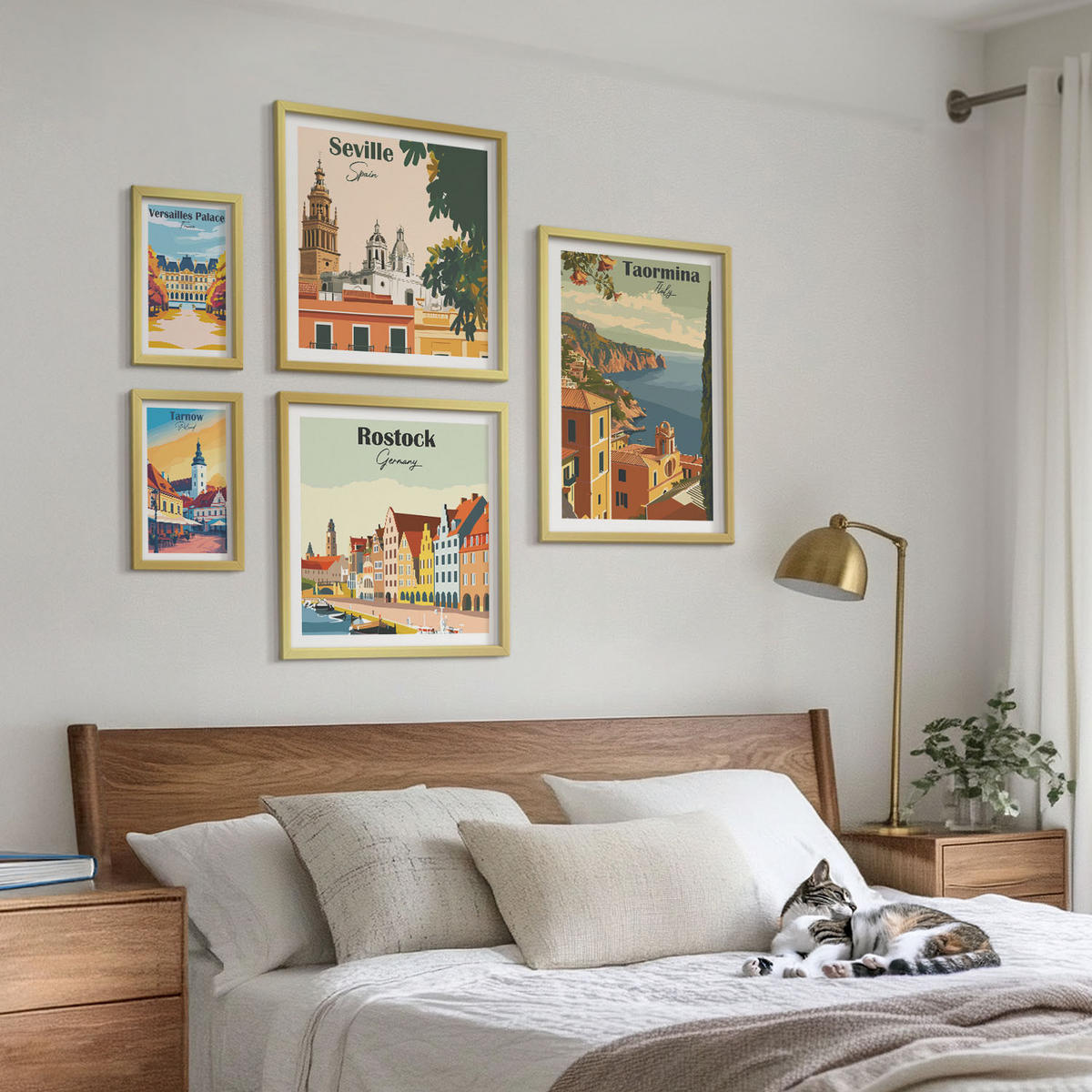 BILDER SET 5er Set - 50x50 cm & 20x30 cm & 40x60 cm Goldrahmen - Retro-Stadtgrafiken - Goldfarben, Kunststoff (40/60cm) - TULUP