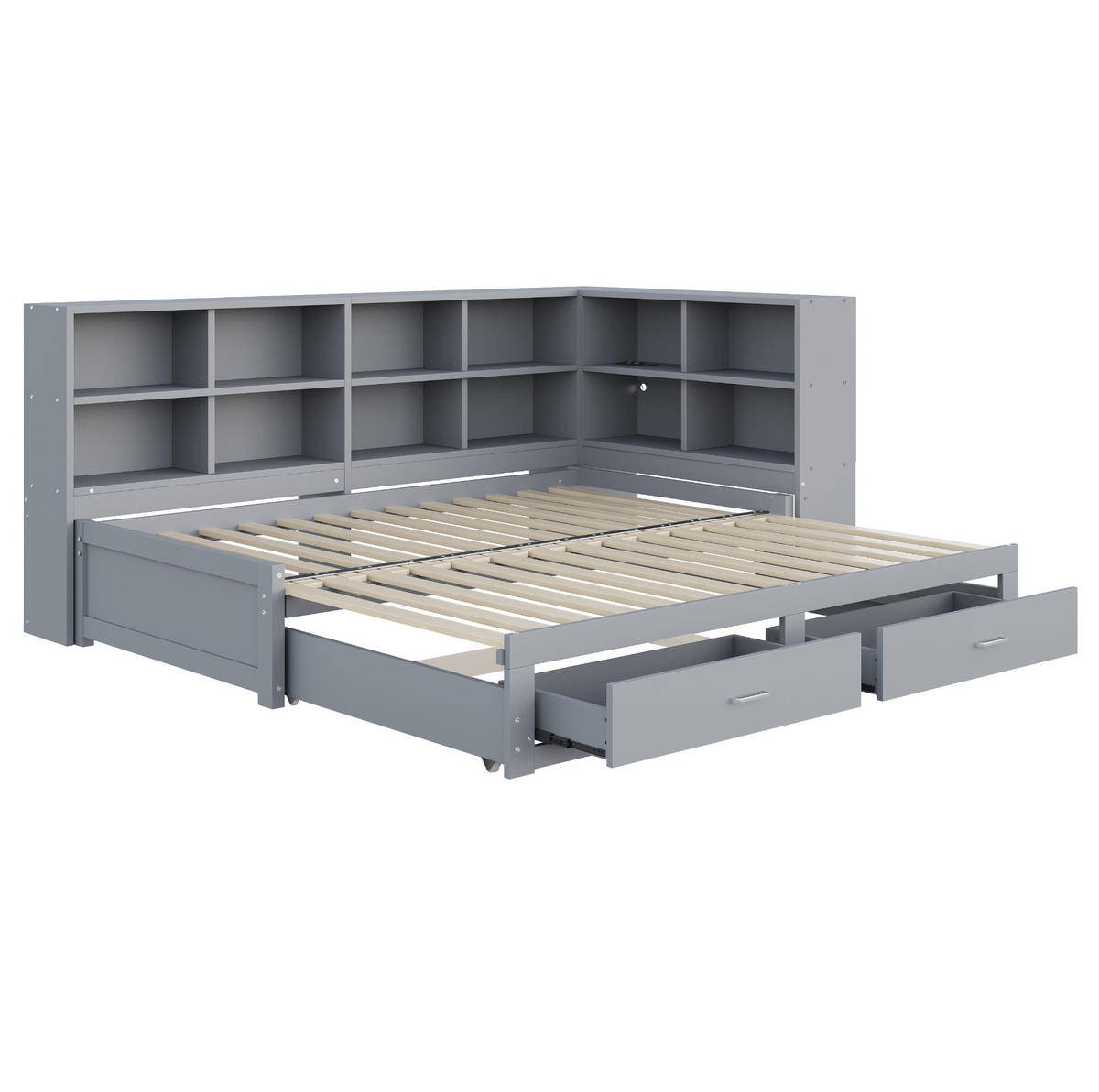 FUNKTIONSBETT 90/190 cm mit Ausziehbett, Stauraum und Steckdose, Grau - Grau, Holzwerkstoff (90/190cm) - Redom