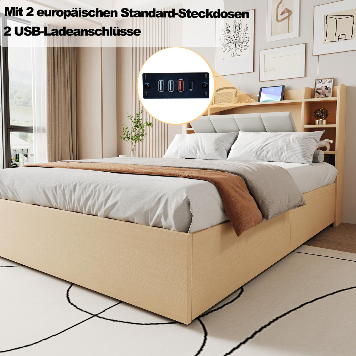 BETT 140/200 cm in Natur mit Stauraum, USB und Type-C - Naturfarben, Holzwerkstoff (140/200cm) - CHICFURN