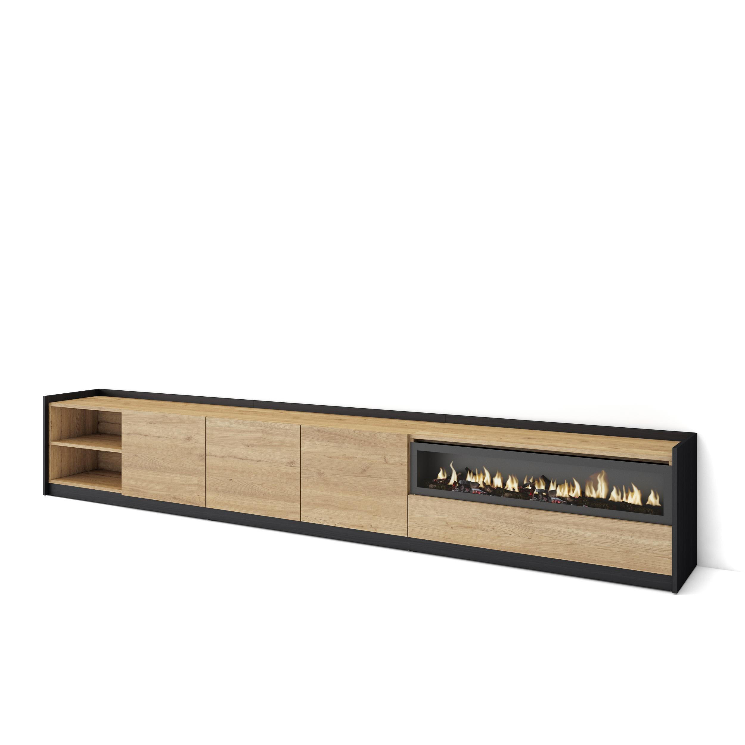 TV-SCHRANK, Lowboard, Eiche Schwarz, Elektrokamin, 310/37/50cm - Eichefarben, Holzwerkstoff (310/50/37cm) - Skraut Home