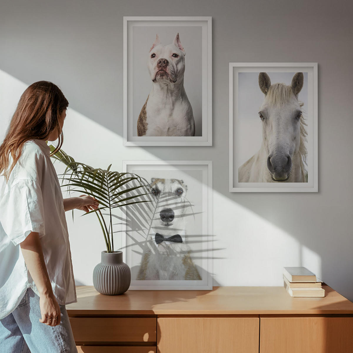 BILDER SET 3er Set - 40x60 cm Weißer Rahmen - Elegante Porträts von Hunden und Pferden - Weiß, Kunststoff (40/60cm) - TULUP