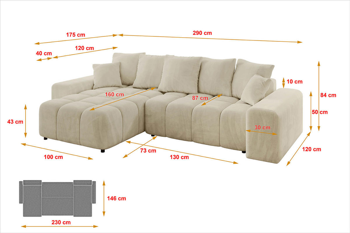 ECKSOFA Ottomane links/rechts ENIL-L 290x175x84 Beige Velours - Beige, Holzwerkstoff/Kunststoff (290/175cm) - ALTDECOR