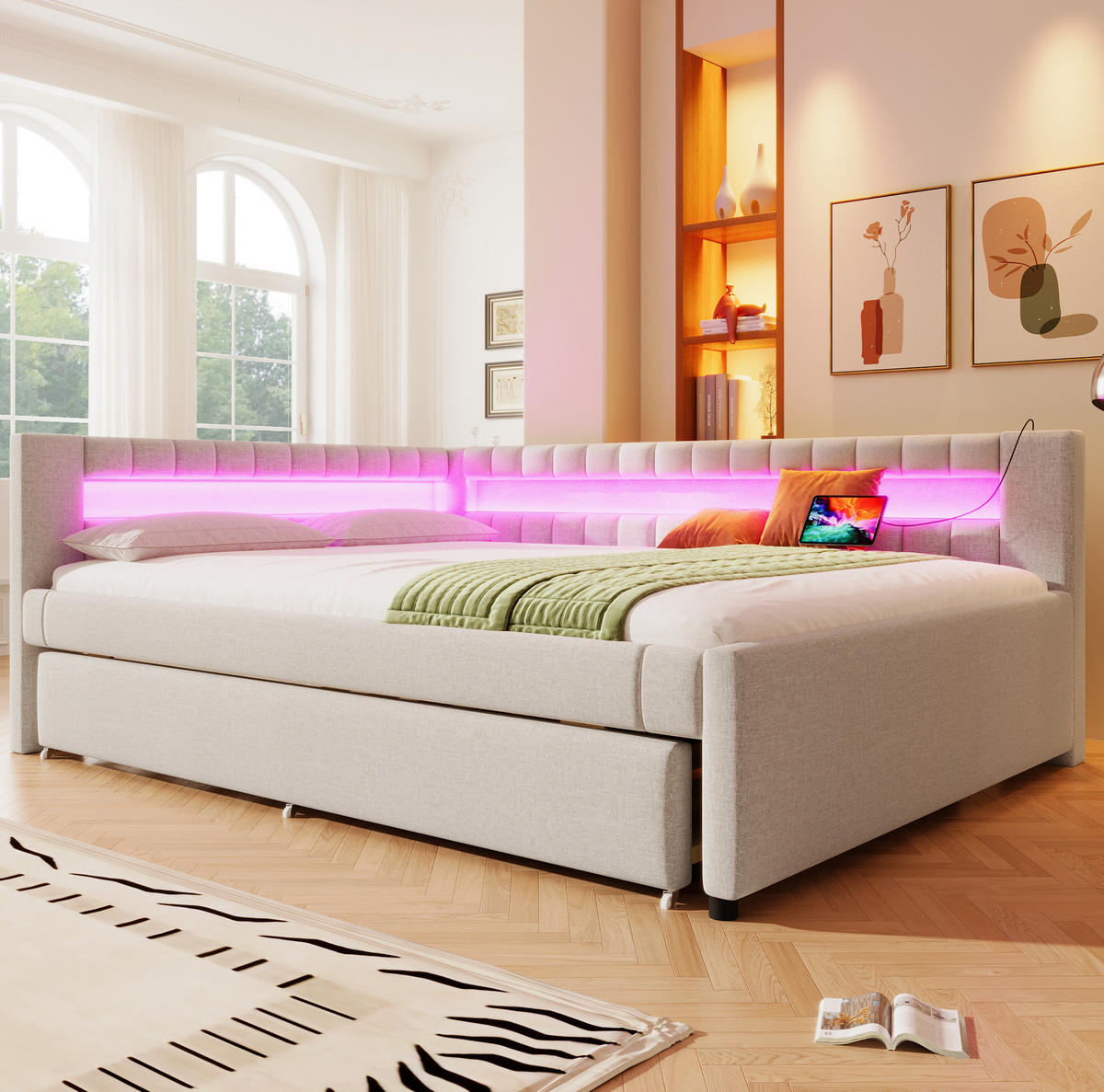 POLSTERBETT mit LED-Beleuchtung 140/200 cm mit Ausziehbett in Beige - Beige, Textil (140/200cm) - BEAOK