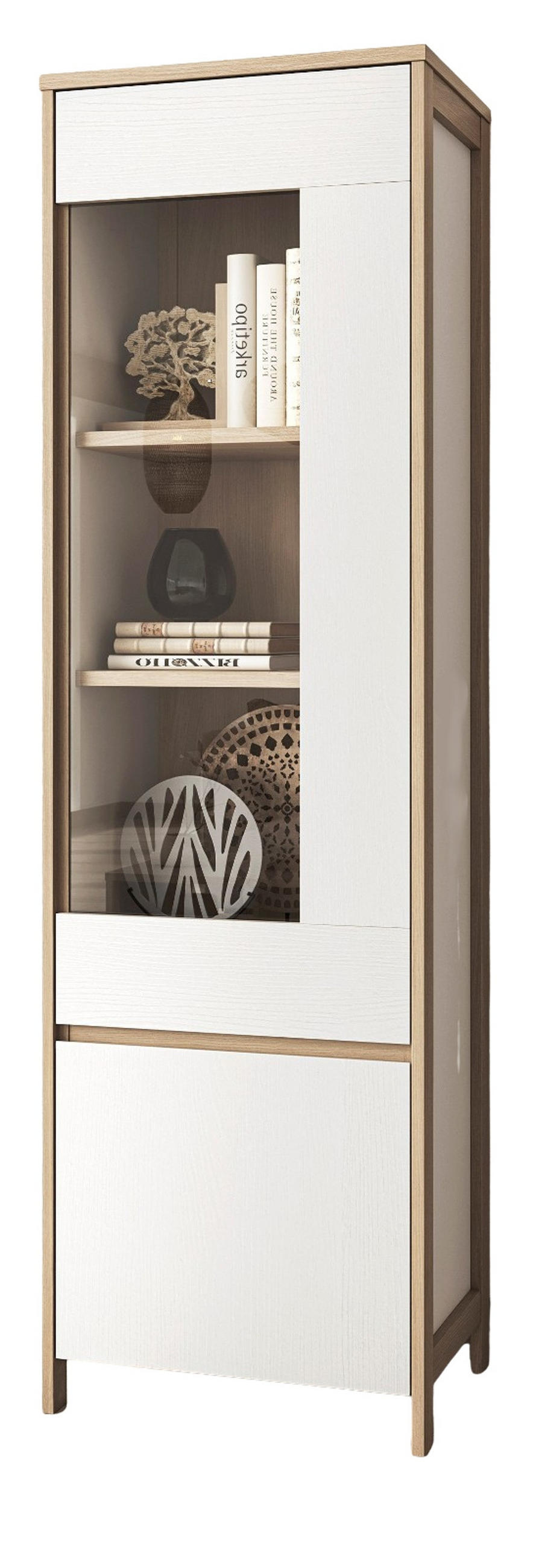 VITRINE in weiß und Eiche Vitrinenschrank skandinavisch 58 x 195 cm, Soft-Close Finnes - Eichefarben/Weiß, Glas/Holzwerkstoff (58/195/39cm) - Furn.Design