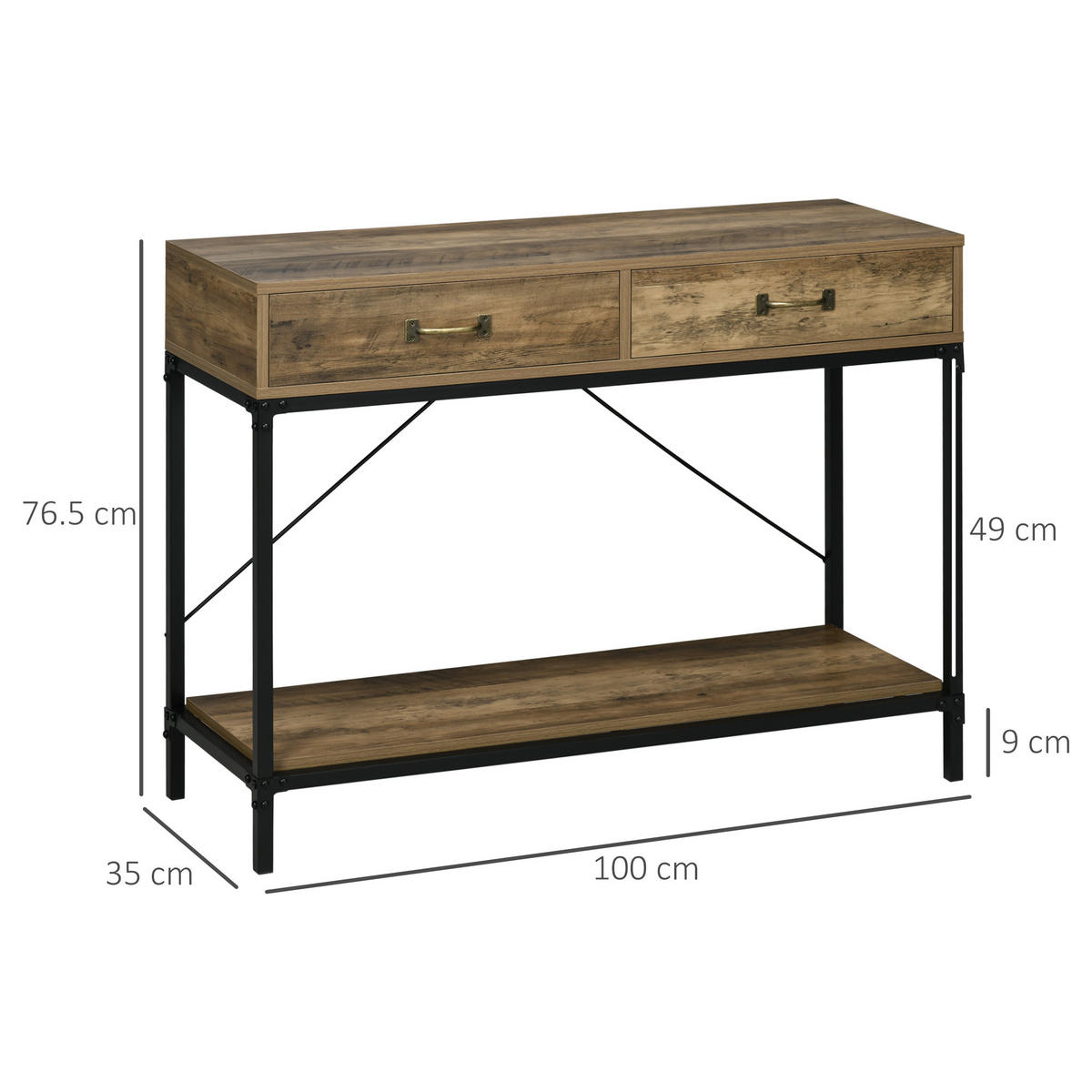 KONSOLENTISCH 100/35/76,5 cm Vintage Braun mit 2 Schubladen und Unterregal - Braun, Holzwerkstoff (35/100/76.5cm) - OKWISH