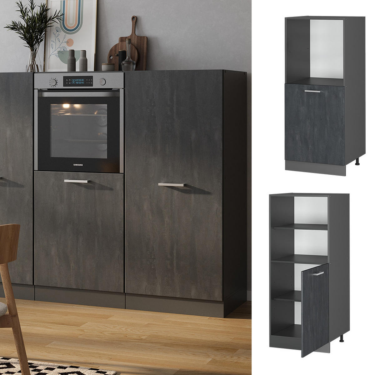 HERDUMBAUSCHRANK R-Line Schwarz Beton 60 cm - Anthrazit/Schwarz, Holzwerkstoff (60/143/57cm) - Vicco