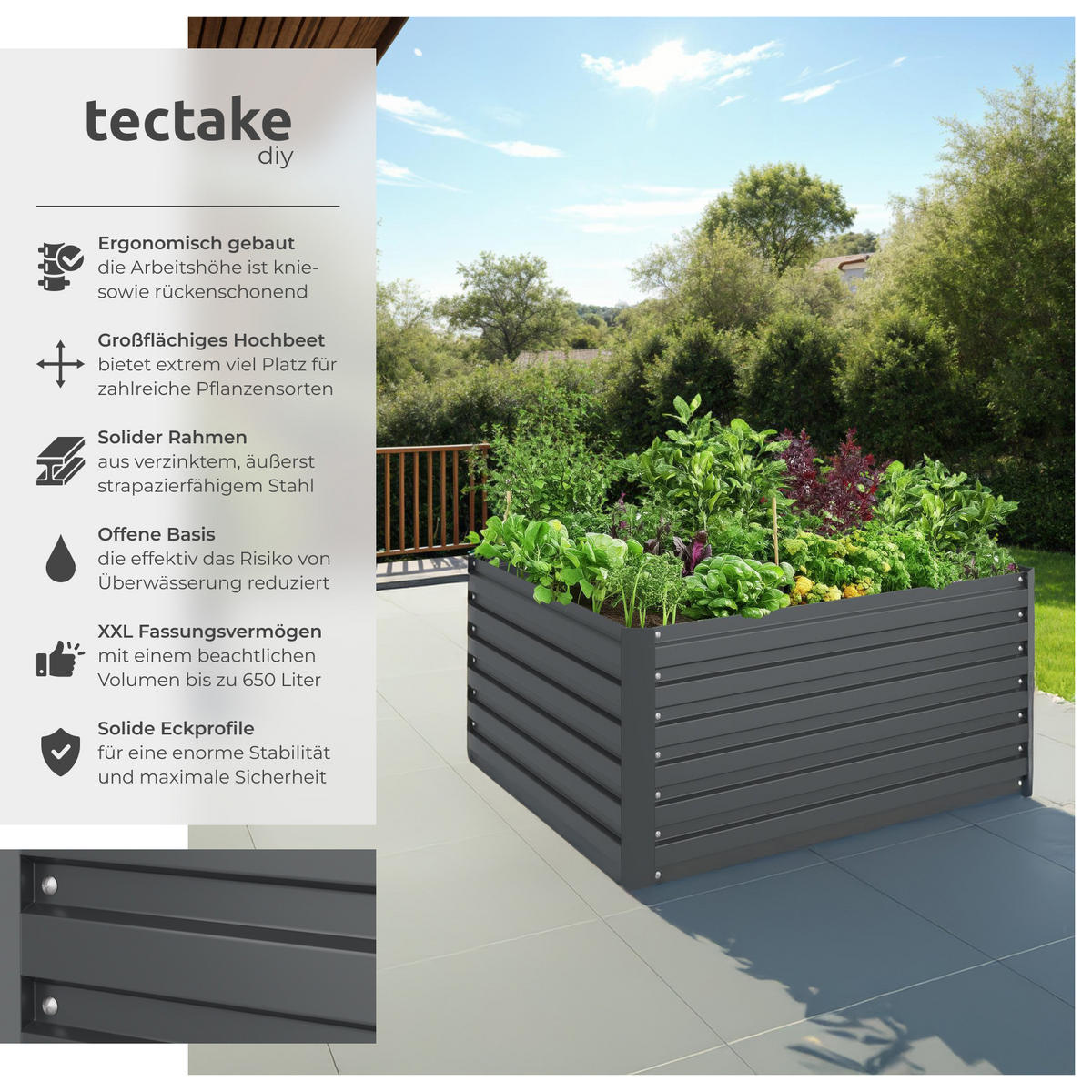 HOCHBEET Blomma,120 x 100 x 56 cm,anthrazit - Anthrazit, Metall (120/56/100cm) - tectake