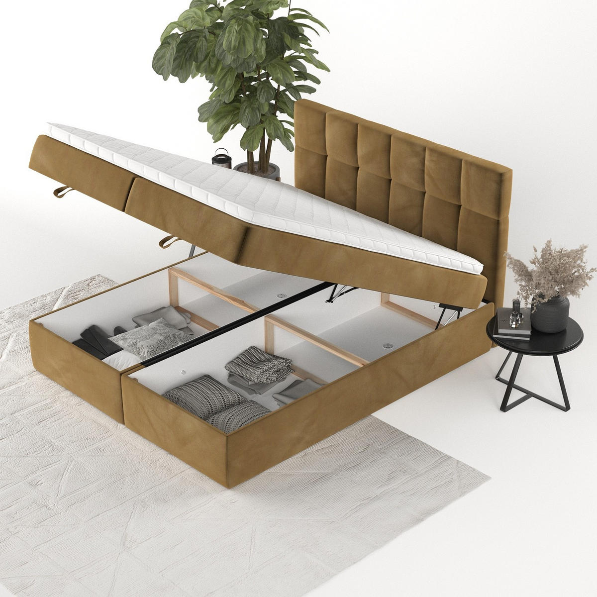 BOXBETT Savio 140/200 cm Honiggelb im Kronos Stoff - Schwarz/Honig, Holz/Holzwerkstoff (140/200cm) - AltaBeds