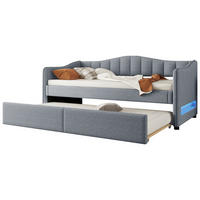 POLSTERBETT 90/200 cm Grau mit Ausziehbett und LED-Beleuchtung aus Leinen und MDF - Grau, Textil (90/200cm) - OKWISH