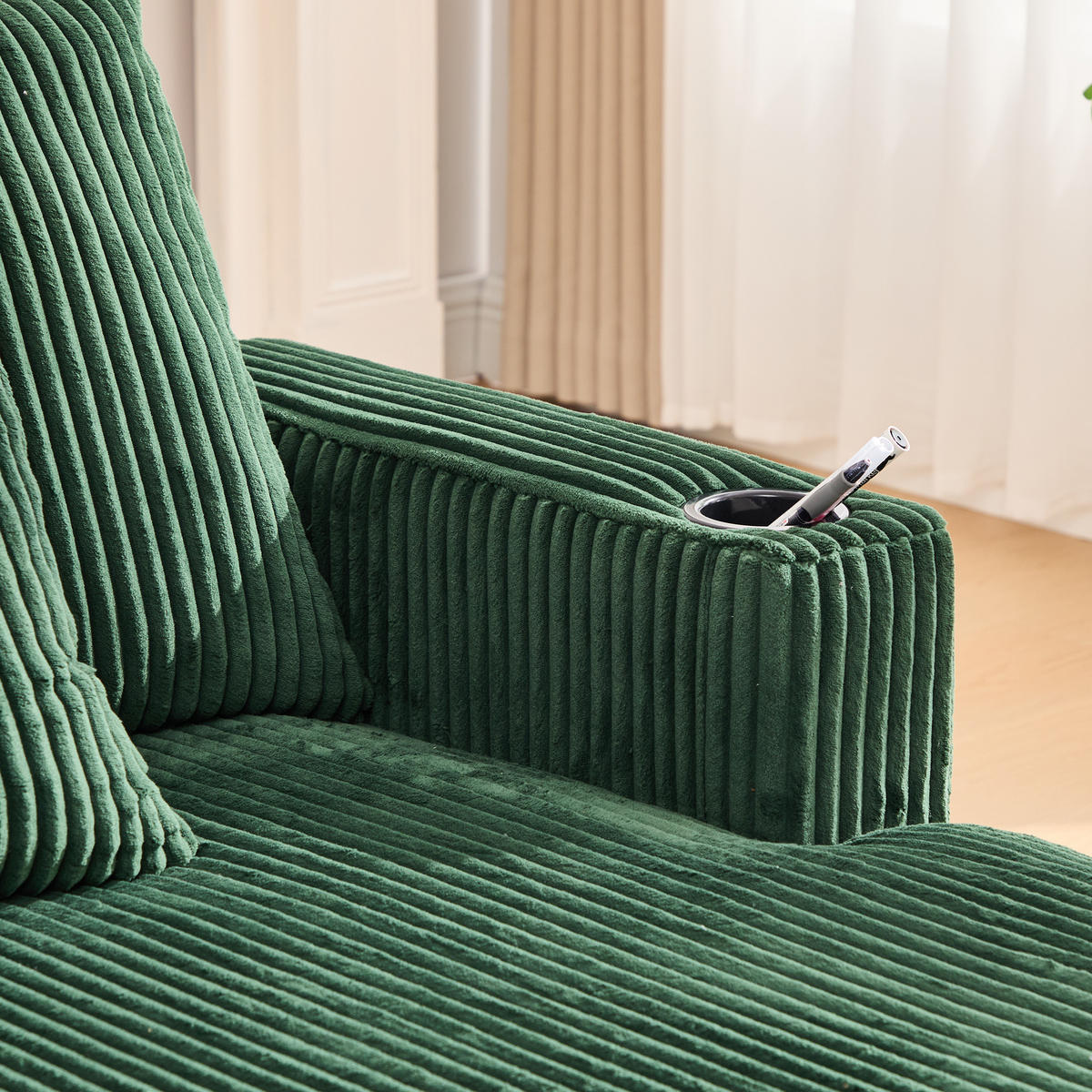 CHAISELONGUE 2-Sitzer Cord Smaragd mit LED, USB und Getränkehaltern - Jadegrün, Holzwerkstoff/Kunststoff (128/85/142cm) - WISHDOR