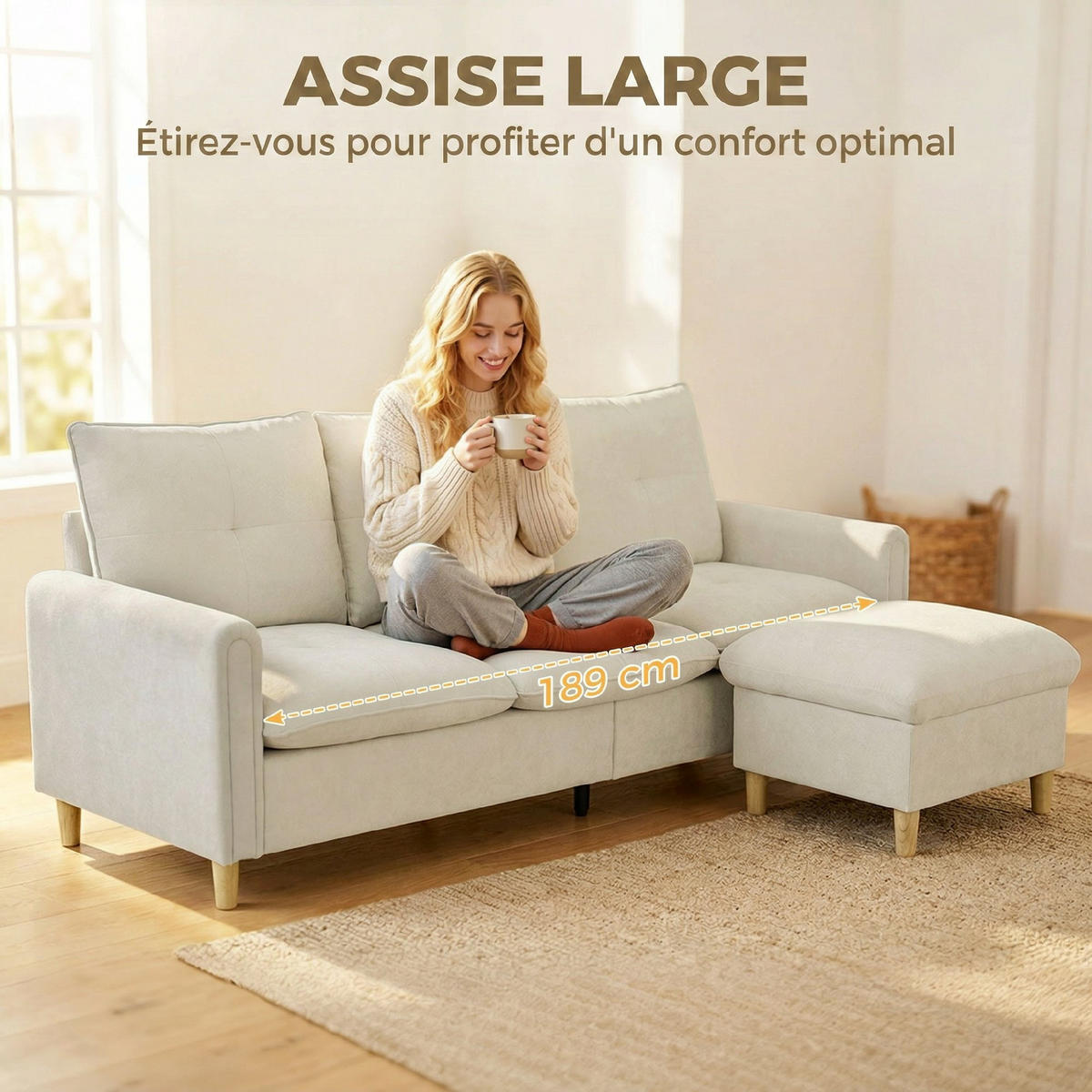3-SITZER-SOFA DE-13540 mit Ottomane & Stauraum Creme - Creme, Holzwerkstoff (77/80/210cm) - ComfortXL