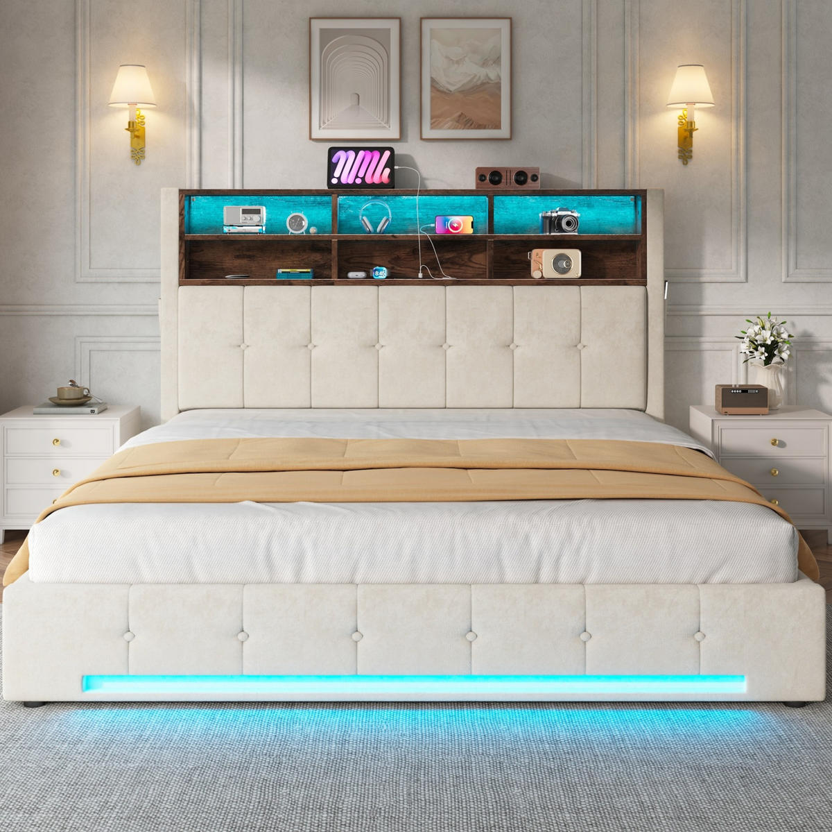 ČALOUNĚNÁ postel 160/200 cm s USB-C, LED osvětlením, hydraulickým úložným prostorem a bočními kapsami, Béžová - béžová, kov (160/200cm) - Redom