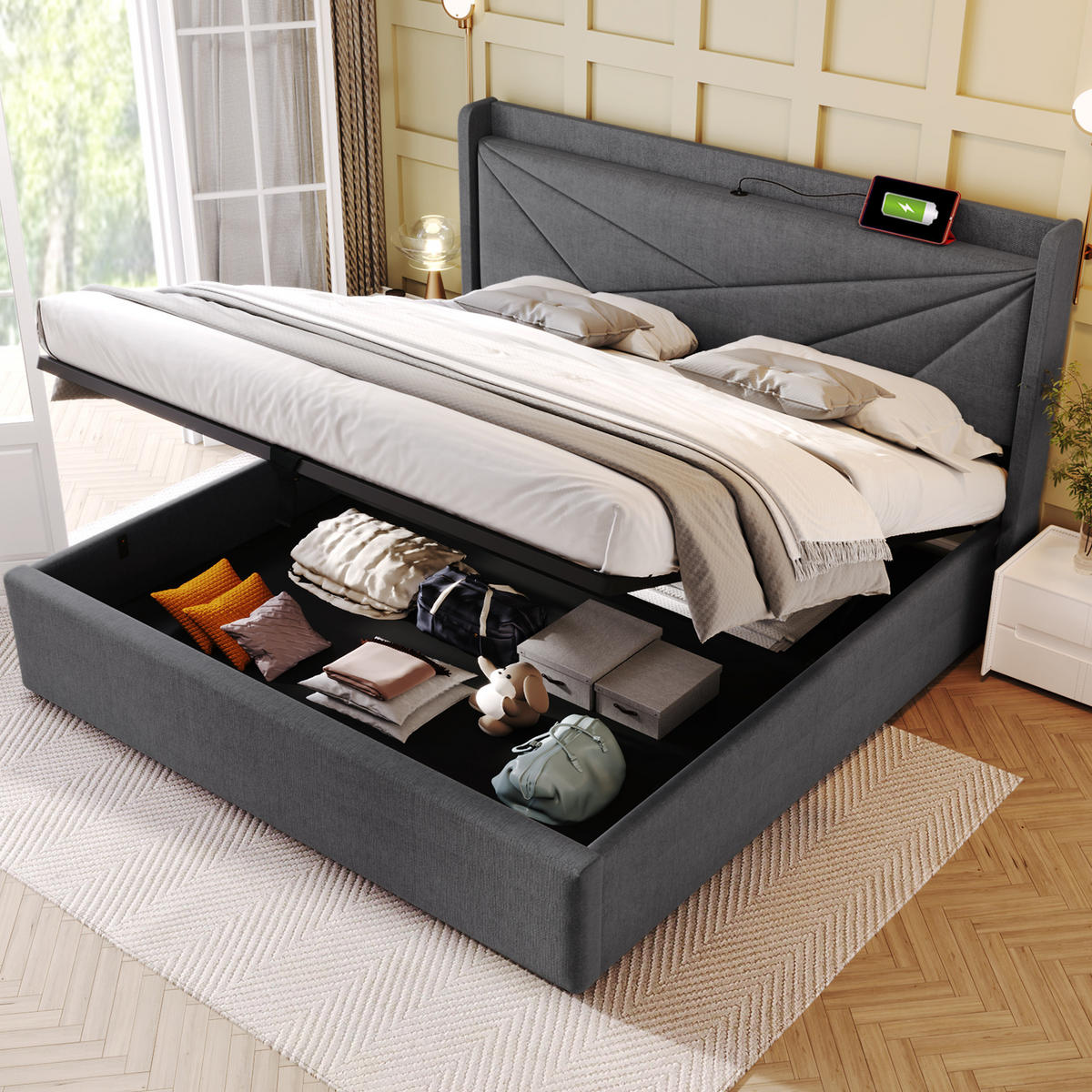 POLSTERBETT aus Baumwoll-Leinen 160x200 cm Grau mit Bettkasten, USB-/USB-C-Anschluss und Matratze - Grau, Textil (160/200cm) - IVMEU