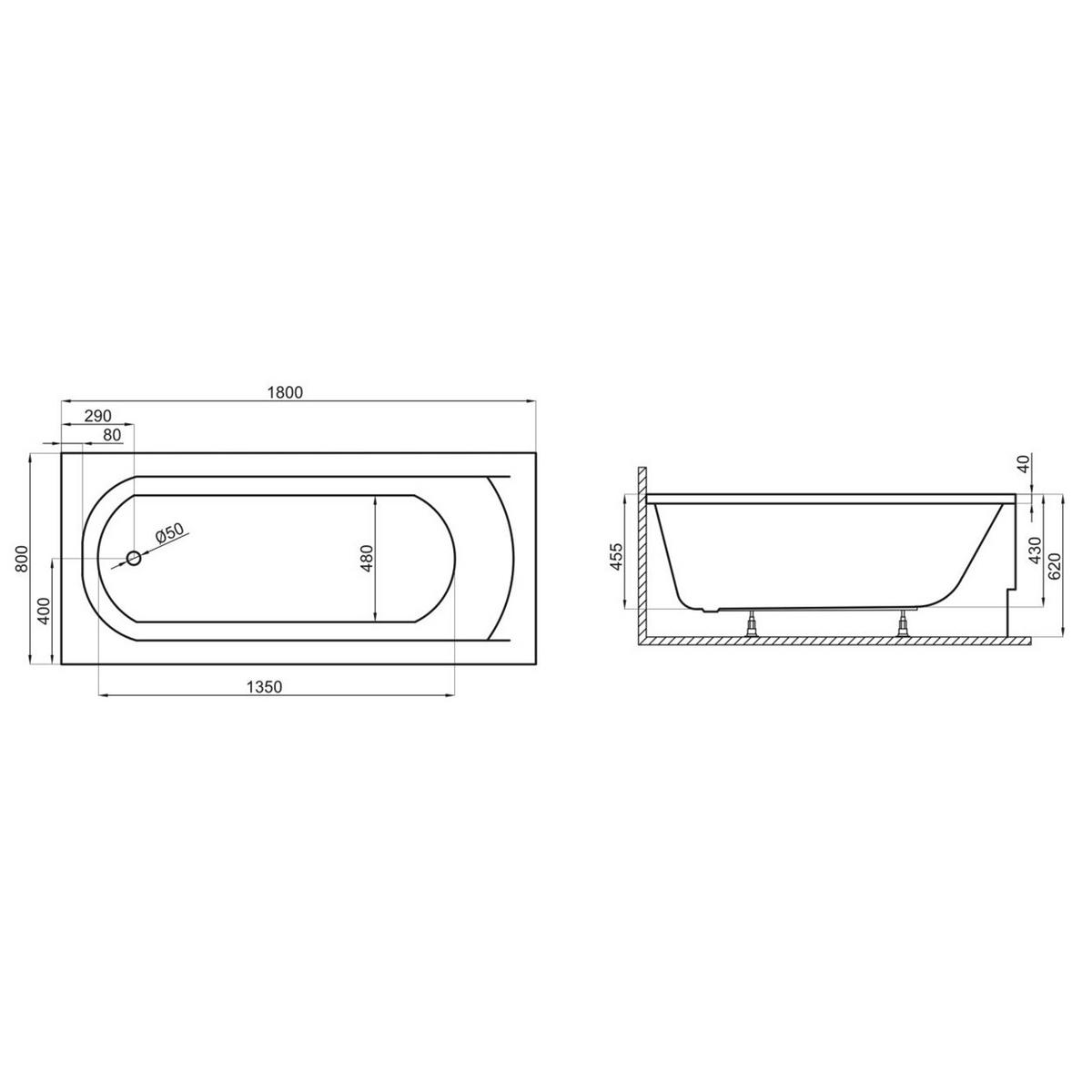 BADEWANNE Rechteck CLASSIC 180/80 Ablauf & Füße - Weiß, Kunststoff (80/62/180cm) - bad land