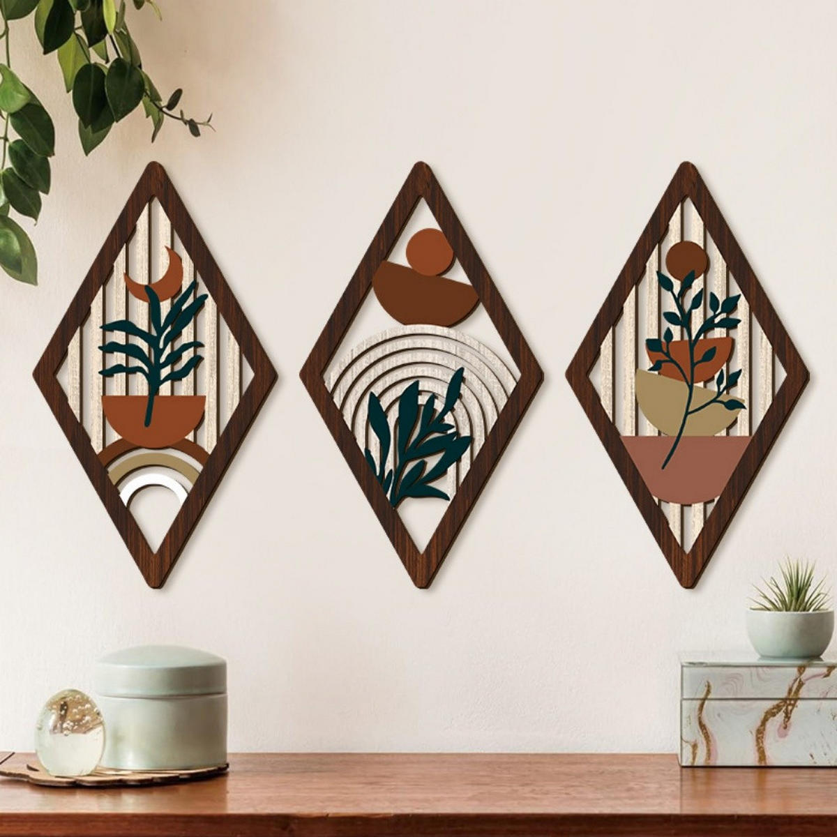 WANDDEKO 30x17cm Gitterblume Holz 3er Set - Akaziefarben, Holzwerkstoff (30/1cm) - Weltevree