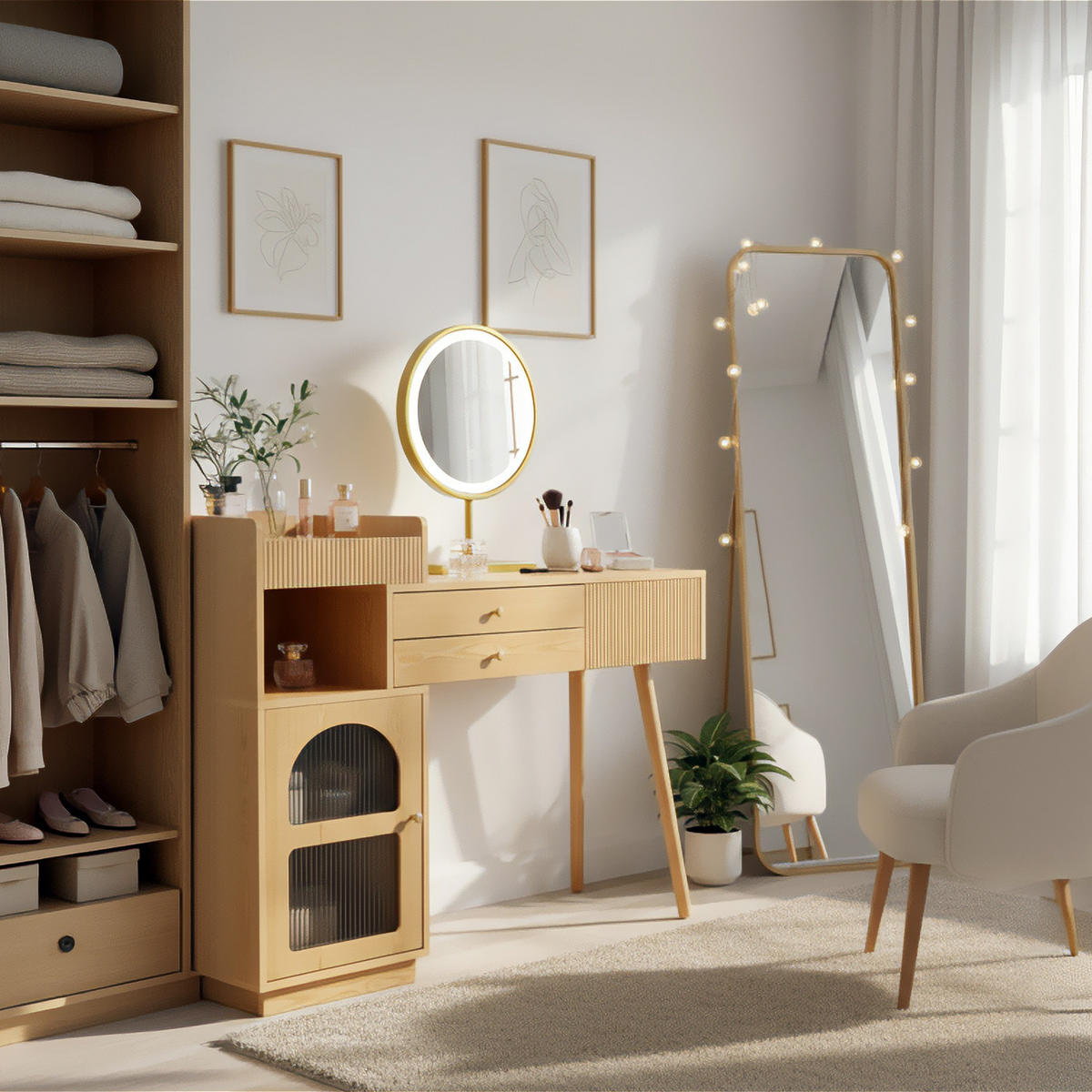 SCHMINKTISCH mit LED-Spiegel – Holzoptik, 3 Schubladen & Seitenschrank - Sonoma Eiche, Holzwerkstoff/Metall (120/90/40cm) - Urban Meuble