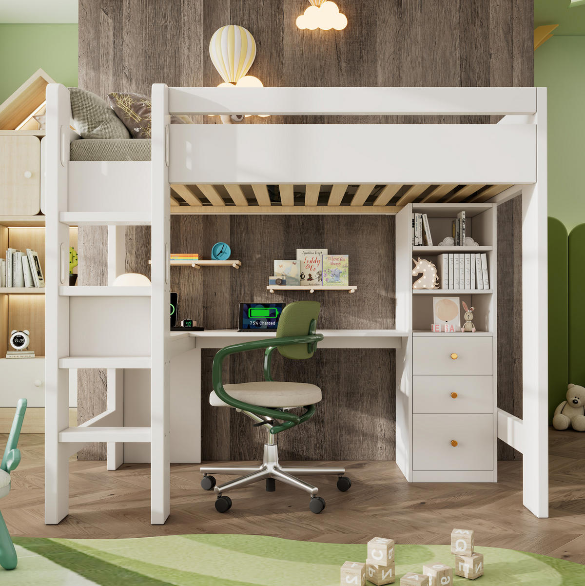 HOCHBETT mit Schreibtisch 90/200 cm in Weiß – mit Stauraum und Leiter - Weiß, Holzwerkstoff (90/200cm) - BEAOK