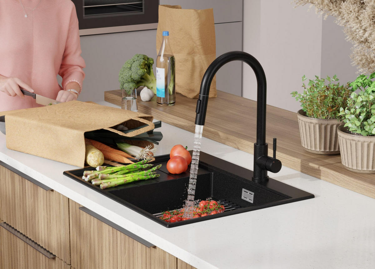 GRANITSPÜLE Sydney, 2-er set Schwarz 62/50 cm 1 Becken + Küchenarmatur 32/20 cm + Ablauf-Set + Küchenzubehörset ab 45er Unterschrank - Chromfarben/Beige, Kunststoff (62/20/50cm) - Primagran