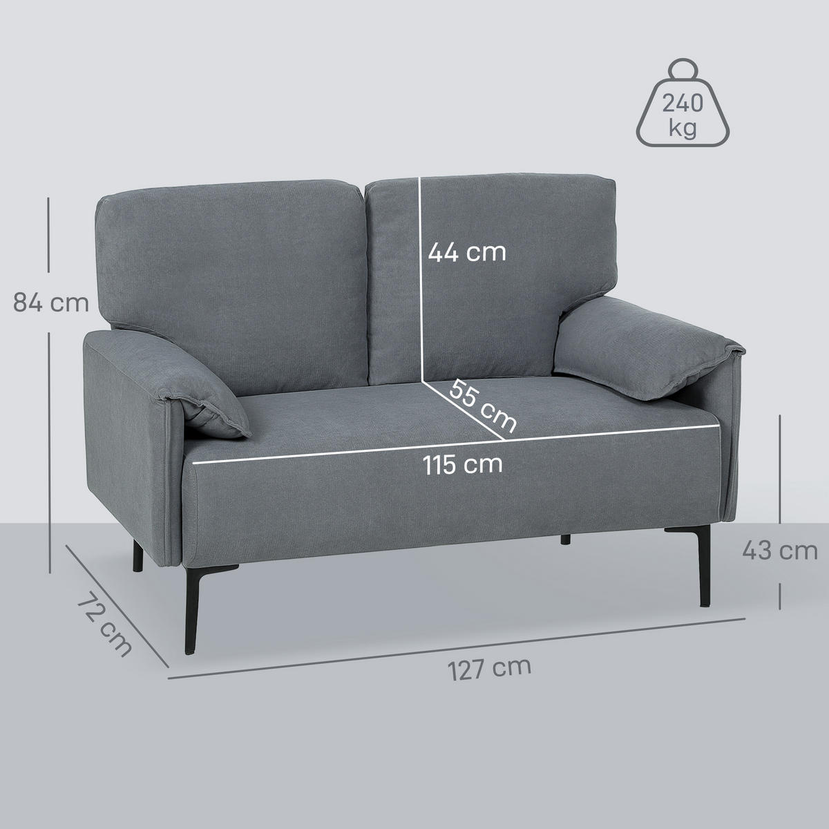 2-SITZER-SOFA DE-06503 dicke Kissen, samtiger Bezug Schwarz - Grau, Textil/Metall (127/84/72cm) - ComfortXL