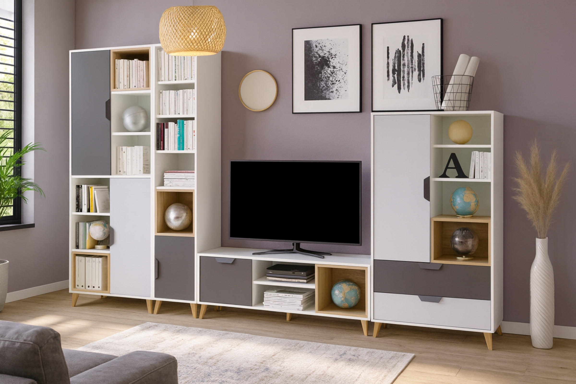 JUGNEDZIMMER-SET JUSTIN B 4-teilig in Weiß / Graphit / Grau / Eiche - Eichefarben/Graphitfarben, Holzwerkstoff (321/190/40cm) - Deine Möbel 24