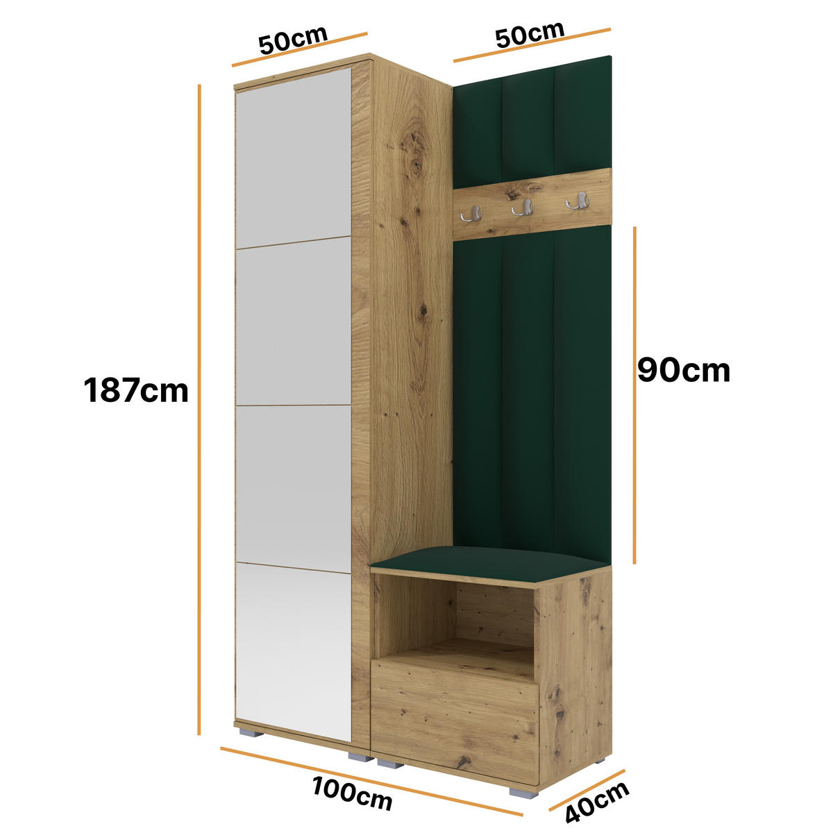 GEPOLSTERT Garderoben-Set Nela I LUX (Spiegel – Farbe Eiche Artisan + Stoff Trinity 28) - Dunkelgrün/Silberfarben, Holz/Holzwerkstoff (100/187/40cm) - Ravio