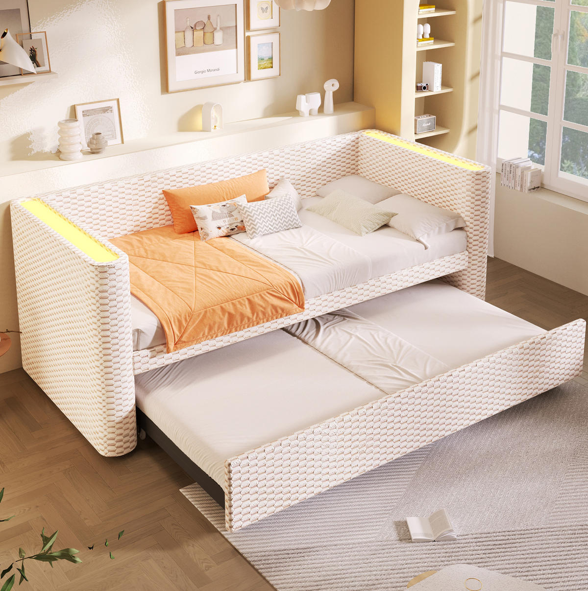 BETT 90/200 cm Beige aus Samt mit Ausziehfunktion - Beige, Textil (90/200cm) - OKMYHOME