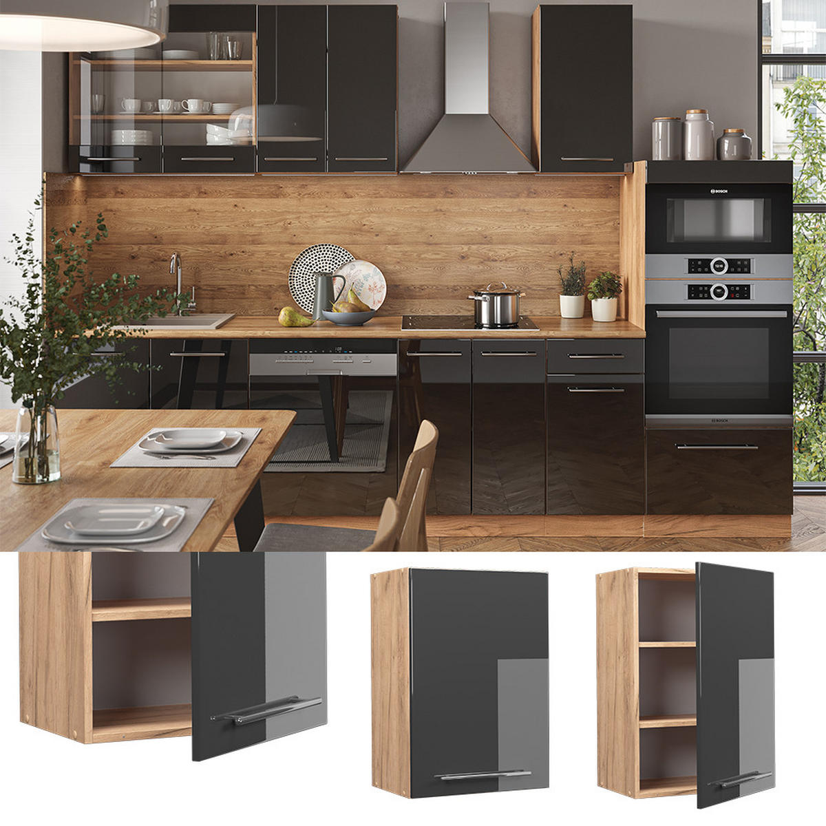 HÄNGESCHRANK Fame-Line Anthrazit Hochglanz 50 cm - Honigeiche/Schwarz Hochglanz, Holzwerkstoff (50/72/34.1cm) - Vicco