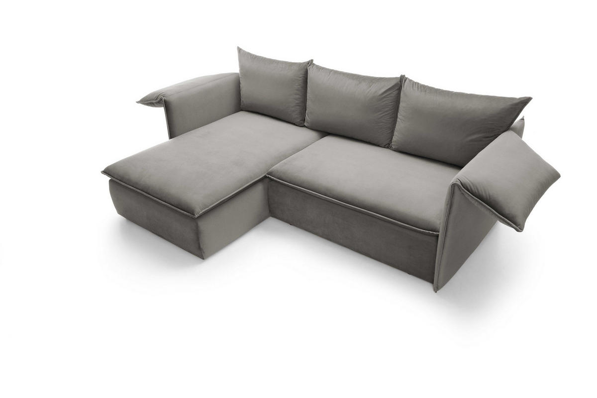 ECKSOFA PREGIO Grau Plüsch-Stoff mit Schlaffunktion - Grau, Holz (230/166cm) - MASSENO