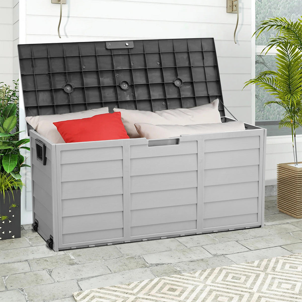 GARTENBOX 290L aus PP Kunststoff in Dunkelgrau + Hellgrau mit Rollen, Modell Robuste Konstruktio 112 cm B x 49 cm T x 54 cm H - Grau, Kunststoff (112/54/49cm) - Livingandhome