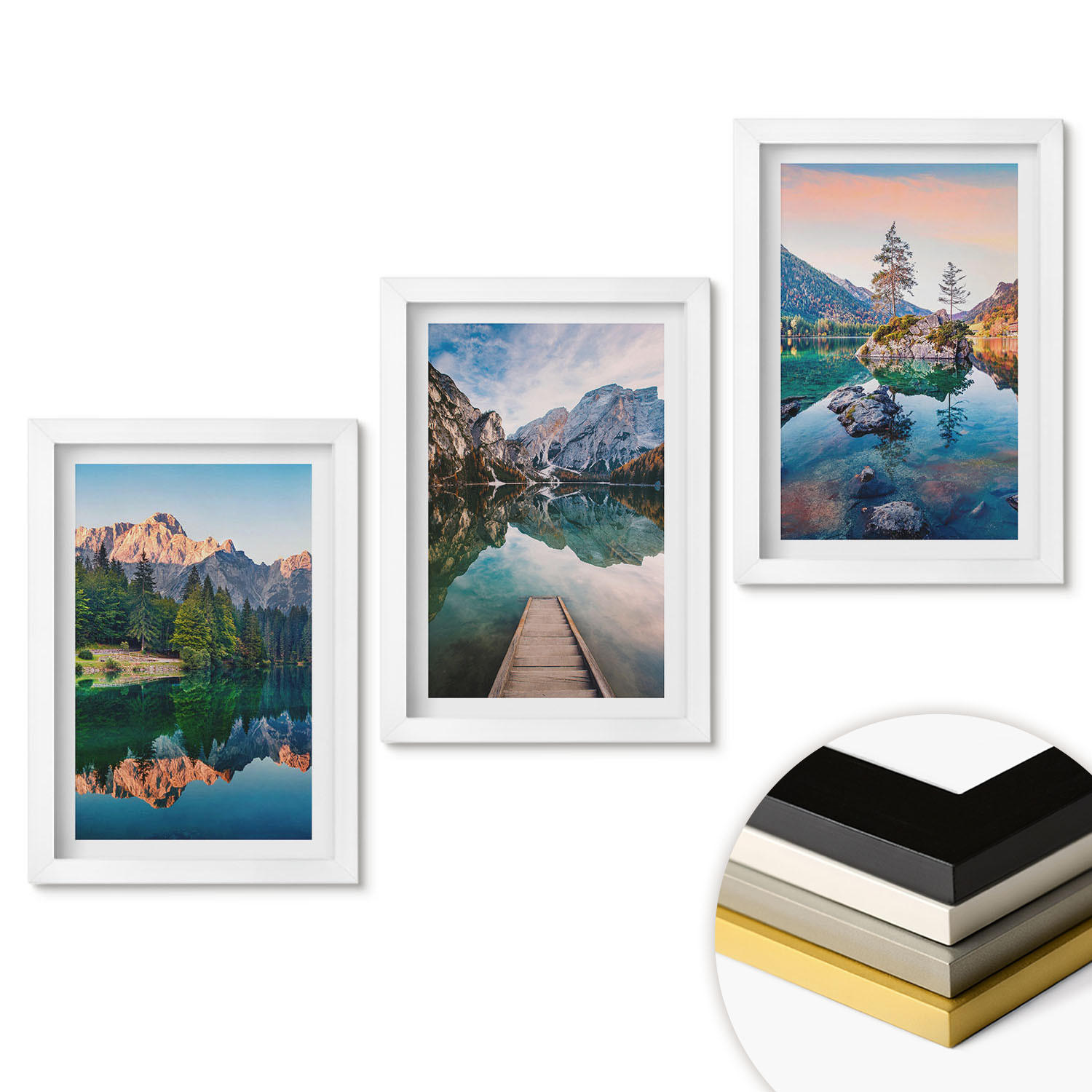 WANDBILDER 3er-Set - 20x30 cm Weißer Rahmen - Spiegelung des Waldes in Bergseen - Weiß, Kunststoff (20/30cm) - ArtPrintCave