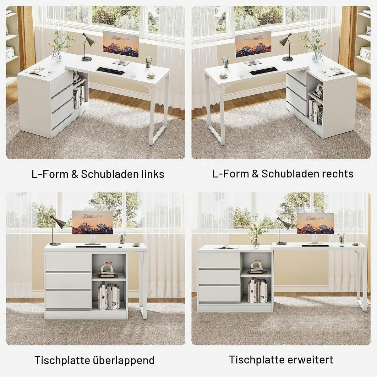 SCHREIBTISCH L-förmig mit Schubladen und Regalen weiß wendbar - Weiß, Holzwerkstoff (45/100/75cm)