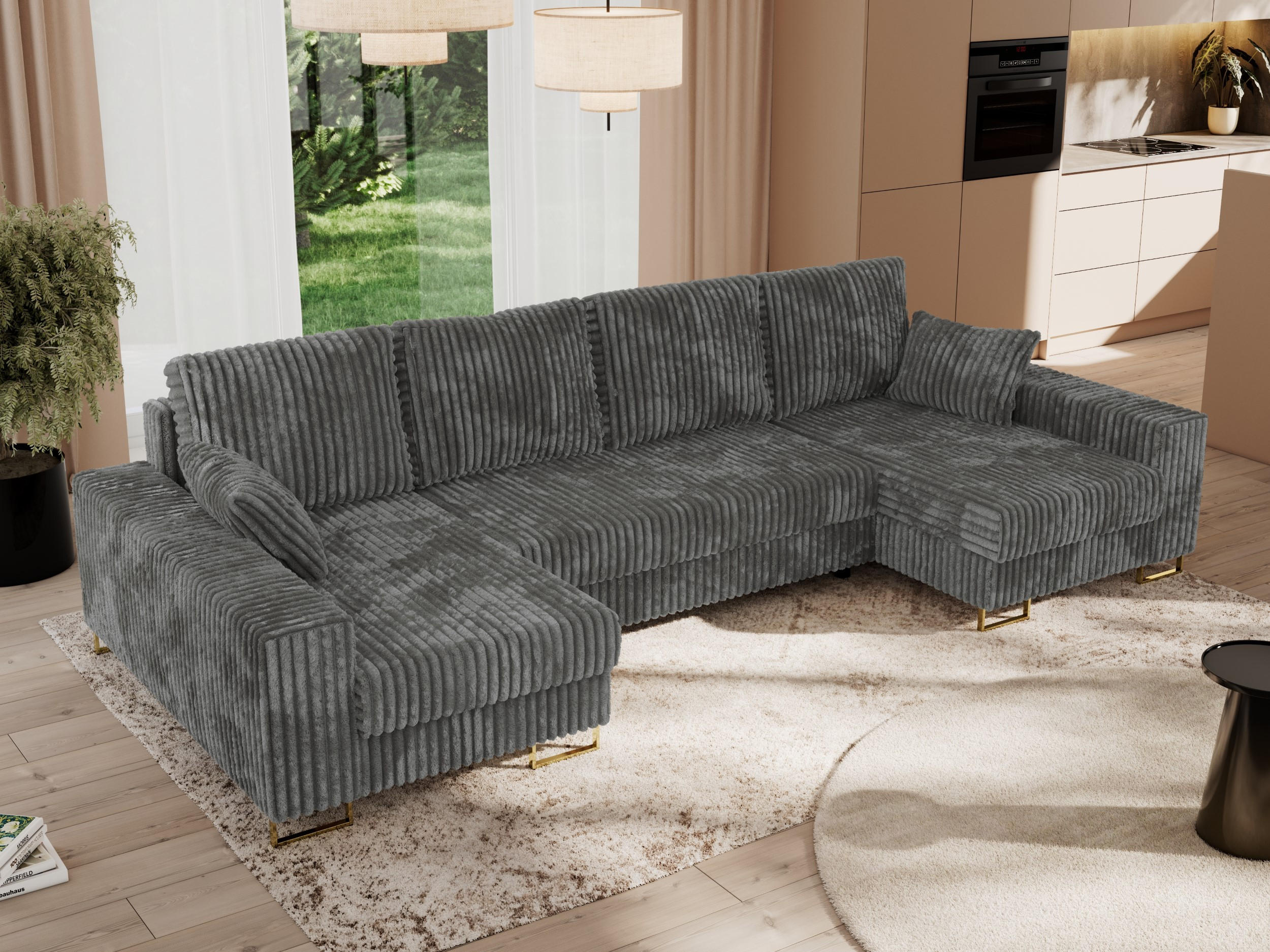 WOHNLANDSCHAFT DORIAN U Cord Dunkelgrau - Dunkelgrau/Goldfarben, Textil/Metall (312/95/138cm) - MKS