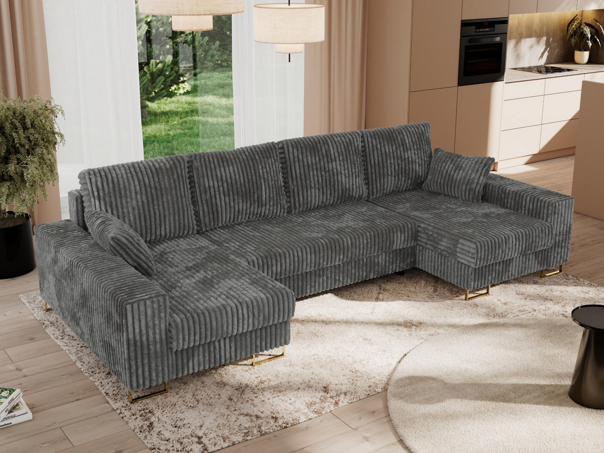 WOHNLANDSCHAFT DORIAN U Cord Dunkelgrau - Dunkelgrau/Goldfarben, Textil/Metall (312/95/138cm) - MKS