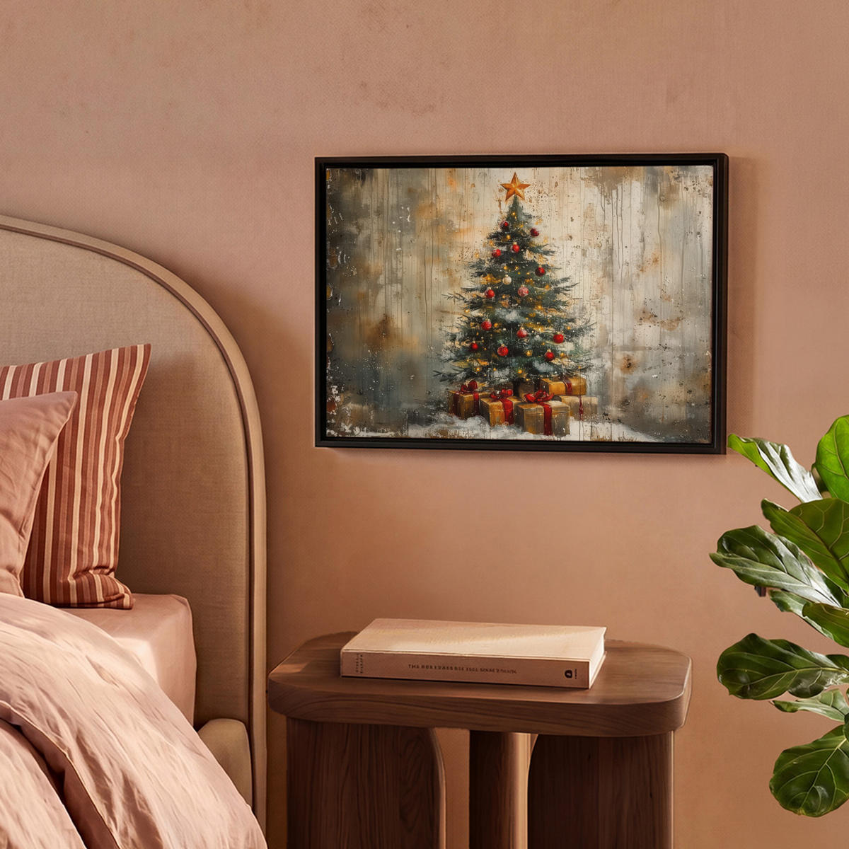 LEINWAND Bilder mit Rahmen - Weihnachtsbaum - Vintage - Weihnachten - Geschenk - 40x30 - Rostfarben, Textil (40/30cm) - MuchoWow