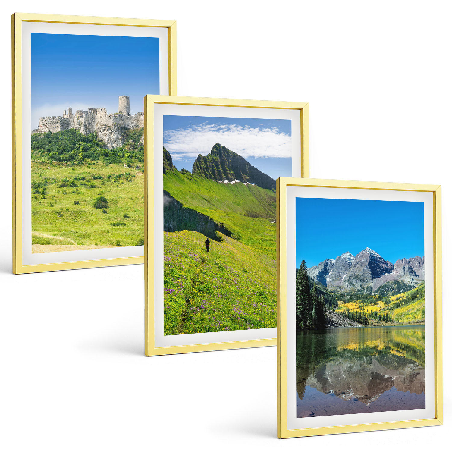 BILDER SET 3er Set - 40x60 cm Goldrahmen - Grüne Hügel mit einer Burg - Goldfarben, Kunststoff (40/60cm) - TULUP