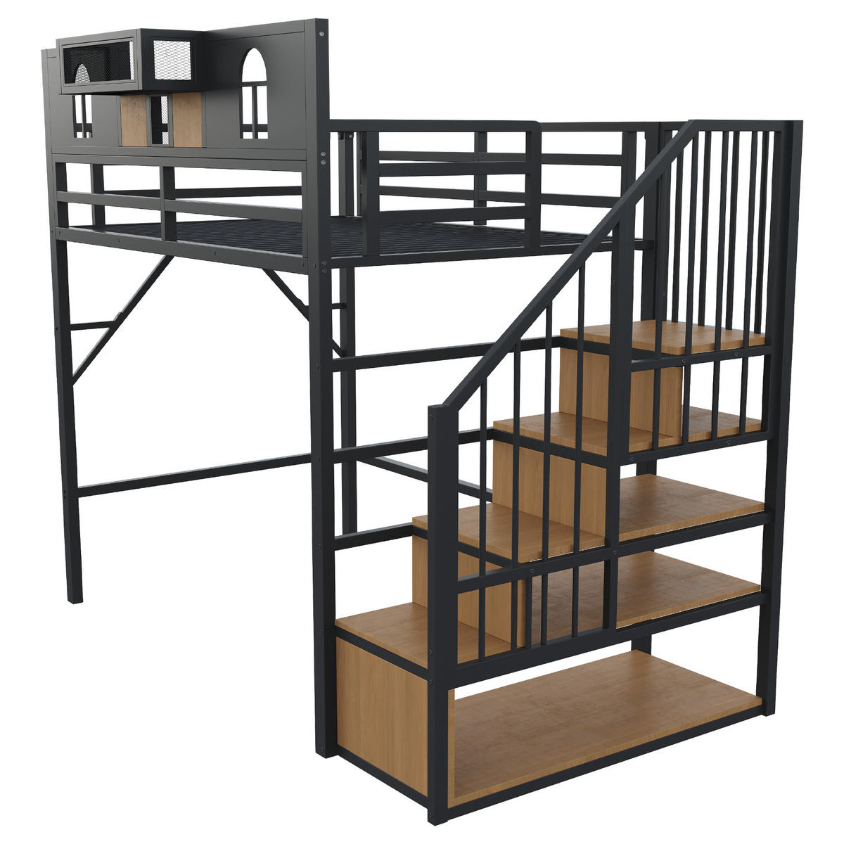 HOCHBETT 90/200 cm mit Stauraumleiter und Lichtleiste, DE-41576, in Schwarz - Schwarz, Metall (90/200cm) - ComfortXL
